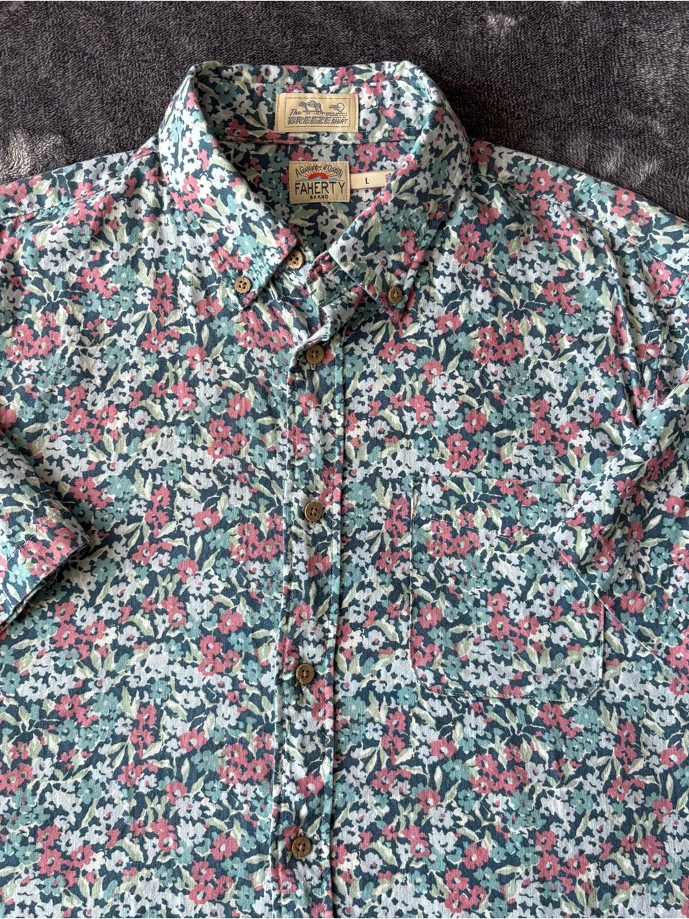 Faherty Men's The Breeze Shirt Floral Button Down Large Linen Blend Short Sleeve